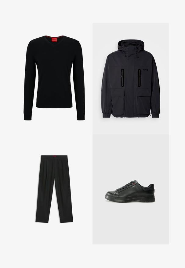 Black waterproof jacket with a hood, two zippered chest pockets, and elastic cuffs. Features minimalistic design and "HUGO" branding.; HUGO SAN VREDO - Jumper - black; Black trousers with a pleated design, wide leg shape, and a smooth texture. Features a red waistband tag.; Black leather sneaker with textured upper, padded collar, and red logo detail. Features a thick rubber sole with distinct tread pattern.
