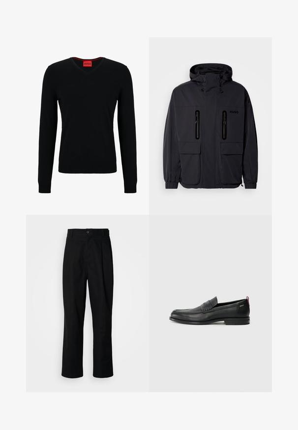 Giacca impermeabile nera con cappuccio, due tasche a zip sul petto e polsini elastici. Presenta un design minimalista e il marchio "HUGO".; HUGO SAN VREDO - Maglione - black; Pantaloni neri a gamba dritta con vita con bottoni, passanti per cintura e piega frontale, esposti su uno sfondo bianco semplice.; Mocassini in pelle nera con un pannello anteriore testurizzato e lati lisci. Presentano un tacco sottile e un anello sul retro per una vestibilità facile. Design classico.