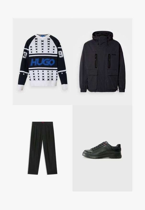 Black waterproof jacket with a hood, two zippered chest pockets, and elastic cuffs. Features minimalistic design and "HUGO" branding.; Black and white knit sweater with geometric patterns, featuring bold blue logo and numbered accents (3 and 9) on sleeves. V-neck design.; Black trousers with a pleated design, wide leg shape, and a smooth texture. Features a red waistband tag.; Black leather sneaker with textured upper, padded collar, and red logo detail. Features a thick rubber sole with distinct tread pattern.