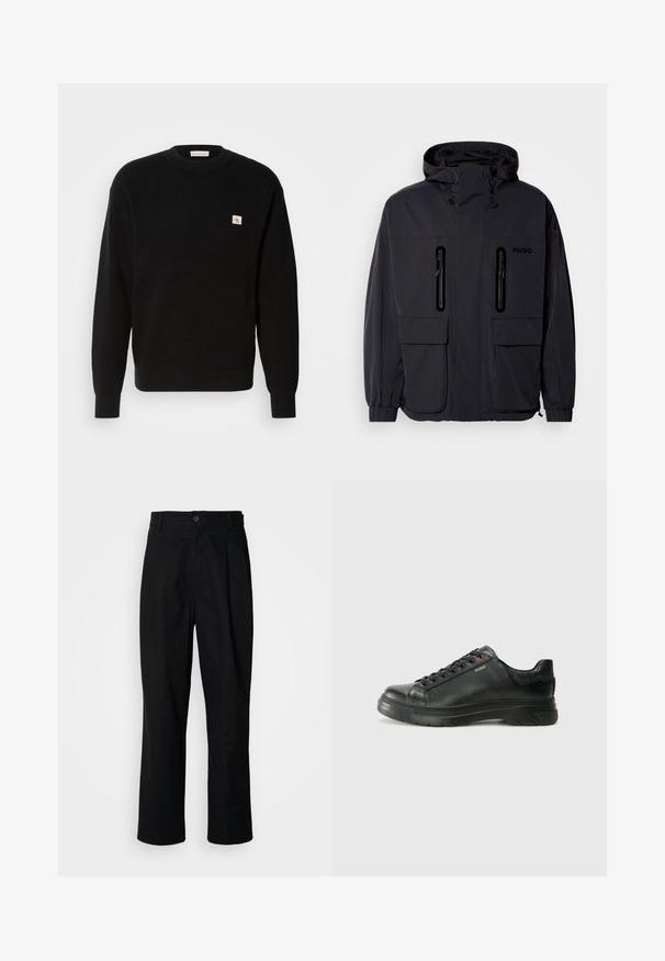 Fekete vízálló dzseki kapucnival, két cipzáras mellzsebbel és rugalmas mandzsettával. Minimalista dizájnnal és "HUGO" logóval ellátva.; Fekete kötött pulóver bordás textúrával, kerek nyakkivágással és egy kis fehér-piros logóval a bal mellrészen. Klasszikus fazon hosszú ujjal.; Fekete egyenes szabású nadrág gombos derékkal, övrutakkal és elülső gyűrődéssel, egy sima fehér háttér előtt.; Fekete bőr sportcipő, textúrált felsőrésszel, párnázott bokarésszel és piros logóval. Vastag gumitalppal rendelkezik, amely jellegzetes futási mintázattal bír.