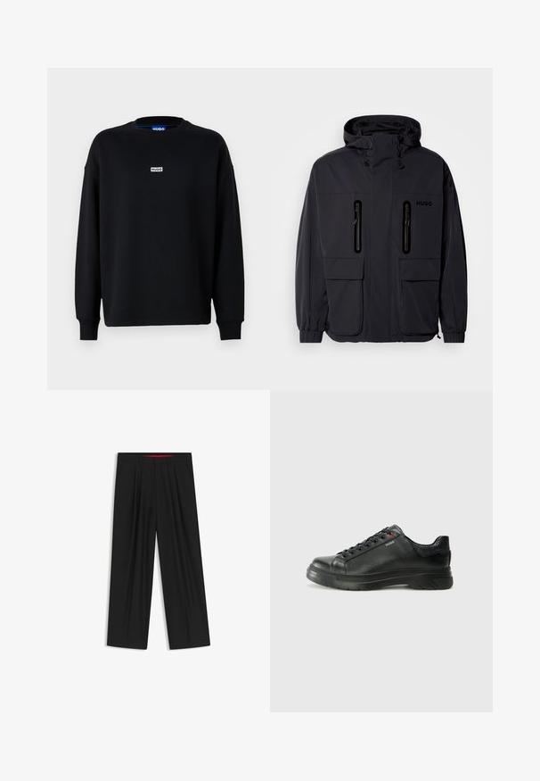 Svart vattentät jacka med huva, två blixtlåsförsedda bröstfickor och elastiska muddar. Har en minimalistisk design och "HUGO"-logotyp.; Svart sweatshirt i bomullsmaterial, med långa ärmar, rundad halsringning och en liten vit logotypetikett på bröstet.; Svarta vida byxor med slät front, två sidofickor, veckad design och en kontrasterande röd midjeresår.; Svart lädersneaker med texturerad ovandel, vadderat krage och röd logotypdetalj. Utrustad med en tjock gummisula med distinkt mönster.