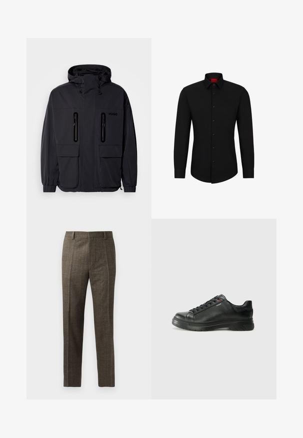 Schwarze wasserdichte Jacke mit Kapuze, zwei mit Reißverschluss versehenen Brusttaschen und elastischen Bündchen. Verfügt über ein minimalistisches Design und "HUGO"-Branding.; Schwarzes Langarmhemd mit Knopfleiste, klassischem Kragen und abgerundetem Saum; verfügt über schwarze Knöpfe und ein rotes Logo im Kragen.; Karierte braune Hosen mit geradem Schnitt, vorderen Falten und Gürtelschlaufen. Hergestellt aus strukturiertem Stoff mit feinen Längsstreifen.; Schwarze Leder-Sneaker mit strukturiertem Obermaterial, gepolstertem Kragen und rotem Logo-Detail. Verfügt über eine dicke Gummisohle mit markantem Profil.