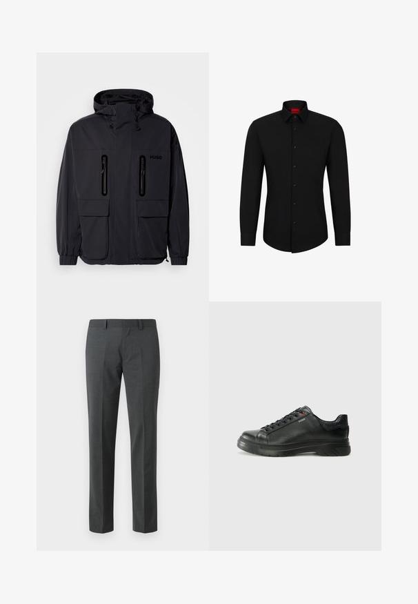 Musta vedenpitävä takki hupulla, jossa on kaksi vetoketjullista rintataskua ja elastiset hihansuut. Ominaisuuksina minimalistinen muotoilu ja "HUGO" -brändäys.; Mustassa pitkähihaisessa paidassa on nappi edessä, klassinen kaulus ja pyöristetty helma; siinä on mustat napit ja punainen logo kauluksen sisäpuolella.; Tummanharmaat räätälöidyt housut, jotka on valmistettu sileästä kankaasta. Ominaisuuksiin kuuluvat suorat lahkeet, litteä etuosa ja vyölenkit. Ei näkyviä kuvioita tai yksityiskohtia.; Musta nahkakengät, joissa on teksturoidun pinnan, pehmustettu kaulus ja punainen logo. Kengissä on paksu kumipohja, jossa on selkeä uramalli.