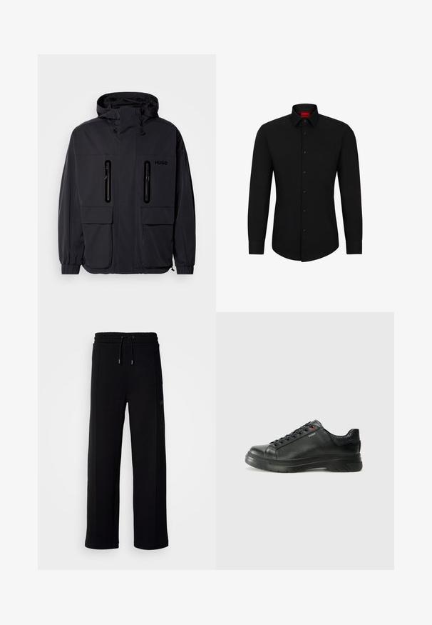 Fekete vízálló dzseki kapucnival, két cipzáras mellzsebbel és rugalmas mandzsettával. Minimalista dizájnnal és "HUGO" logóval ellátva.; Fekete, hosszú ujjú ing gombos elülső részel, klasszikus gallérral és lekerekített aljjal; fekete gombokkal és egy piros logóval a gallér belsejében.; Fekete melegítőnadrág puha anyagból, széles lábakkal, rugalmas derékpánttal és húzózsinórral, valamint oldalsó zsebekkel. Minimális márkázási részlet.; Fekete bőr sportcipő, textúrált felsőrésszel, párnázott bokarésszel és piros logóval. Vastag gumitalppal rendelkezik, amely jellegzetes futási mintázattal bír.