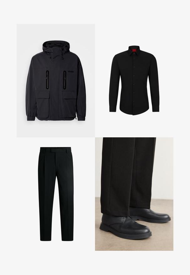 Zwarte waterdichte jas met een capuchon, twee ritszakken op de borst en elastische manchetten. Heeft een minimalistisch ontwerp en "HUGO" branding.; Zwarte blouse met lange mouwen, knoopsluiting aan de voorkant, klassieke kraag en ronde onderkant; voorzien van zwarte knopen en een rood logo binnenin de kraag.; Zwarte op maat gemaakte broek met een vlakke voorkant, voorzien van twee plooien, een tailleband met riemlussen en een gladde textuur.; Zwarte lederen schoenen met een ronde neus, platte zool en minimale details. Gecombineerd met stijlvolle zwarte broek, die een gladde textuur laat zien.