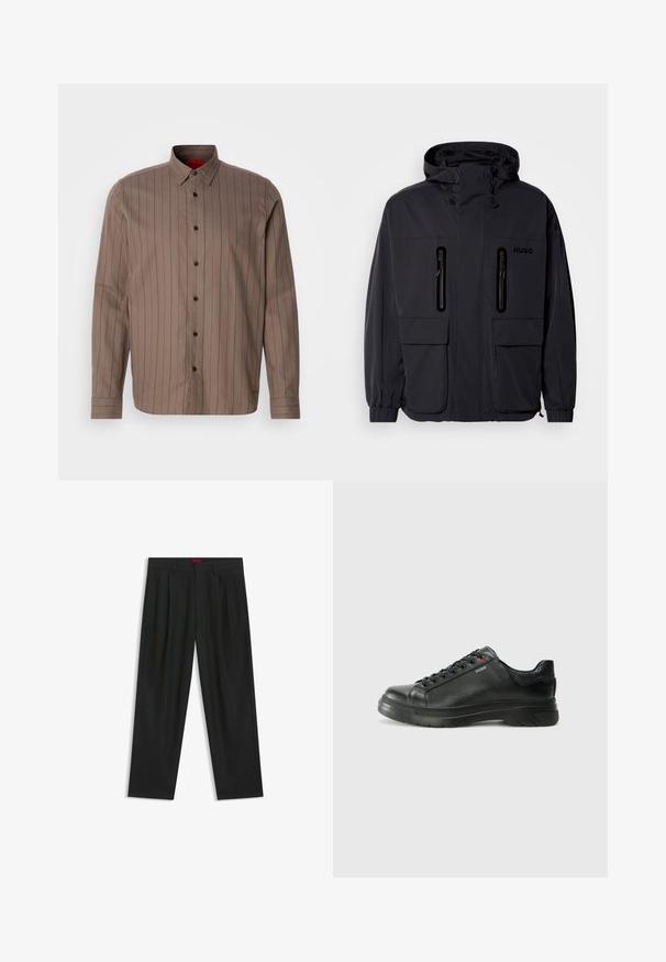 Zwarte waterdichte jas met een capuchon, twee ritszakken op de borst en elastische manchetten. Heeft een minimalistisch ontwerp en "HUGO" branding.; Bruine blouse met verticale donkerrode strepen, gemaakt van een katoenen mengsel, met een puntige kraag, lange mouwen en zwarte knopen.; Zwarte broek met een geplooid ontwerp, wijde pijpen en een zachte textuur. Voorzien van een rode taillebandlabel.; Zwarte leren sneaker met een gestructureerde bovenkant, gevoerde kraag en rode logo-details. Heeft een dikke rubberen zool met een opvallend loopvlakpatroon.