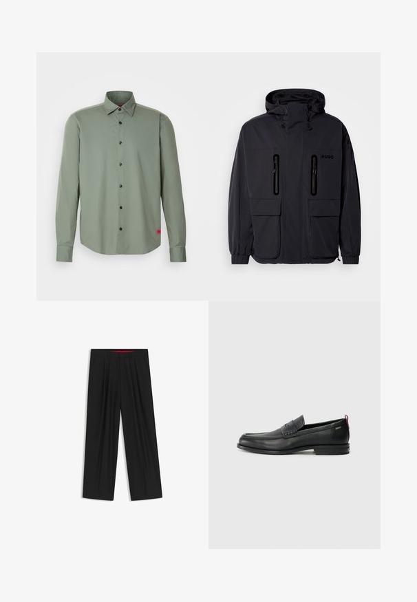 Giacca impermeabile nera con cappuccio, due tasche a zip sul petto e polsini elastici. Presenta un design minimalista e il marchio "HUGO".; Camicia button-up di colore verde oliva, realizzata in tessuto liscio. Presenta maniche lunghe, bottoni neri e una piccola etichetta rossa sul bordo.; Pantaloni neri a gamba larga con fronte piatto, due tasche laterali, design plissettato e un elastico in vita di colore rosso a contrasto.; Mocassini in pelle nera con un pannello anteriore testurizzato e lati lisci. Presentano un tacco sottile e un anello sul retro per una vestibilità facile. Design classico.
