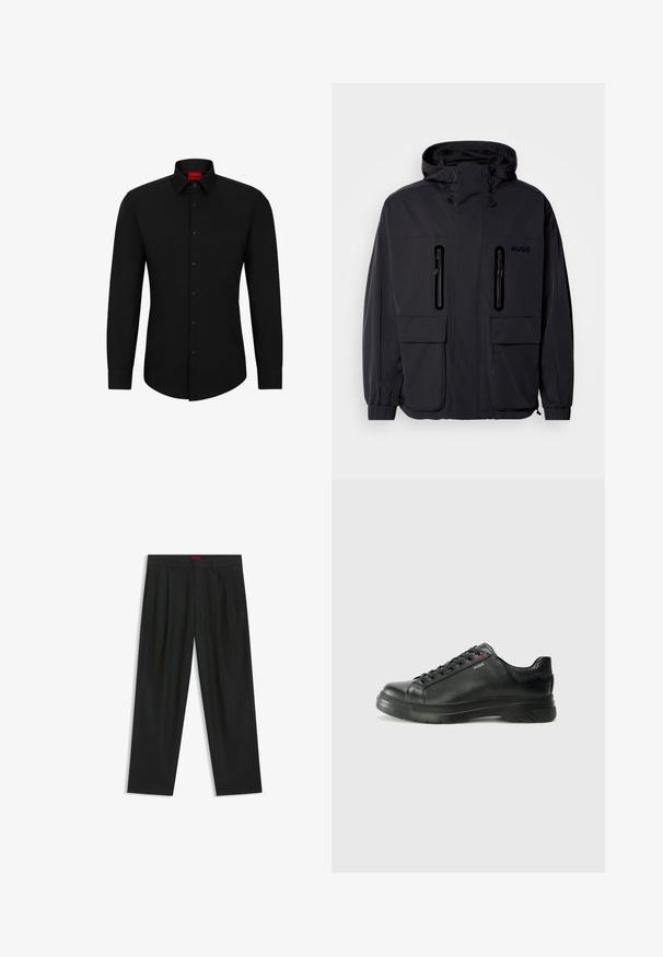 Zwarte waterdichte jas met een capuchon, twee ritszakken op de borst en elastische manchetten. Heeft een minimalistisch ontwerp en "HUGO" branding.; Zwarte blouse met lange mouwen, knoopsluiting aan de voorkant, klassieke kraag en ronde onderkant; voorzien van zwarte knopen en een rood logo binnenin de kraag.; Zwarte broek met een geplooid ontwerp, wijde pijpen en een zachte textuur. Voorzien van een rode taillebandlabel.; Zwarte leren sneaker met een gestructureerde bovenkant, gevoerde kraag en rode logo-details. Heeft een dikke rubberen zool met een opvallend loopvlakpatroon.