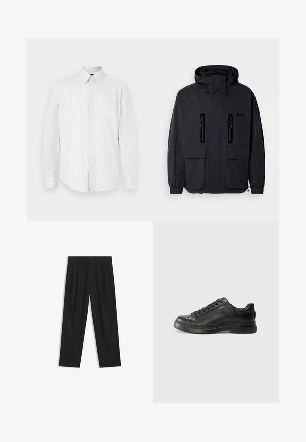 Svart vattentät jacka med huva, två blixtlåsförsedda bröstfickor och elastiska muddar. Har en minimalistisk design och "HUGO"-logotyp.; Vit långärmad skjorta med knappar och tunna vertikala grå ränder samt spetsig krage mot en vit bakgrund.; Svarta byxor med vikta detaljer, bred benform och en slät textur. Har en röd midjebandsetikett.; Svart lädersneaker med texturerad ovandel, vadderat krage och röd logotypdetalj. Utrustad med en tjock gummisula med distinkt mönster.