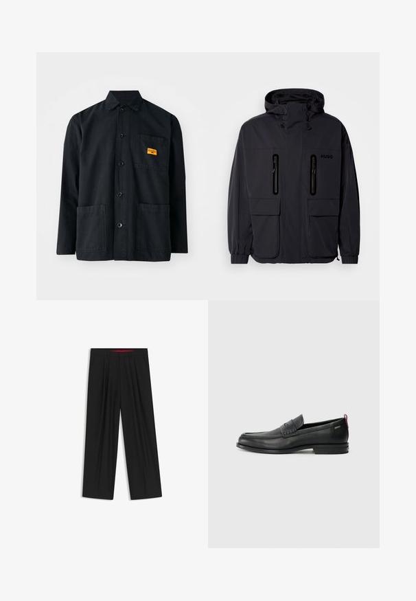 Giacca impermeabile nera con cappuccio, due tasche a zip sul petto e polsini elastici. Presenta un design minimalista e il marchio "HUGO".; Giacca da lavoro in cotone nera con chiusura a bottoni, due tasche frontali e una piccola etichetta gialla sulla tasca del petto. Design semplice e utilitario.; Pantaloni neri a gamba larga con fronte piatto, due tasche laterali, design plissettato e un elastico in vita di colore rosso a contrasto.; Mocassini in pelle nera con un pannello anteriore testurizzato e lati lisci. Presentano un tacco sottile e un anello sul retro per una vestibilità facile. Design classico.