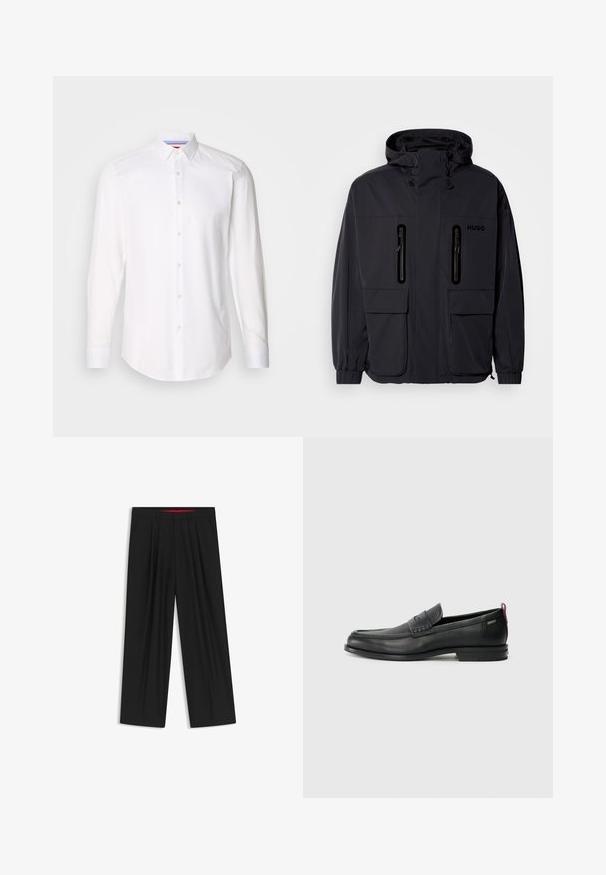 Black waterproof jacket with a hood, two zippered chest pockets, and elastic cuffs. Features minimalistic design and "HUGO" branding.; HUGO KOEY - Formal shirt - open white; Black wide-leg trousers with a flat front, two side pockets, pleated design, and a contrasting red interior waistband.; Black leather loafers with a textured front panel and smooth sides. Features a slim heel and rear loop for easy wear. Classic design.