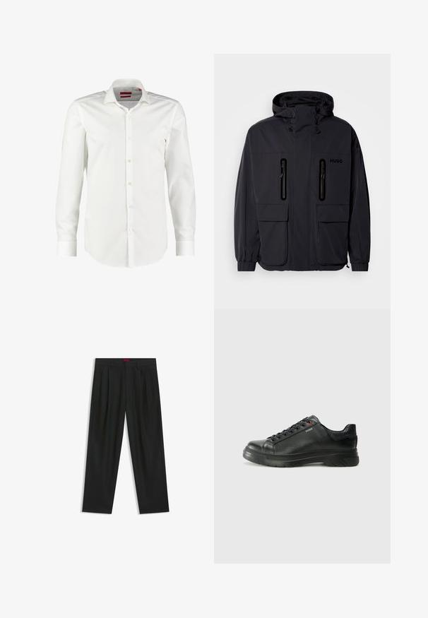 Black waterproof jacket with a hood, two zippered chest pockets, and elastic cuffs. Features minimalistic design and "HUGO" branding.; White long-sleeve button-up shirt made of smooth cotton fabric. Features a classic collar, clean front placket, and buttoned cuffs.; Black trousers with a pleated design, wide leg shape, and a smooth texture. Features a red waistband tag.; Black leather sneaker with textured upper, padded collar, and red logo detail. Features a thick rubber sole with distinct tread pattern.