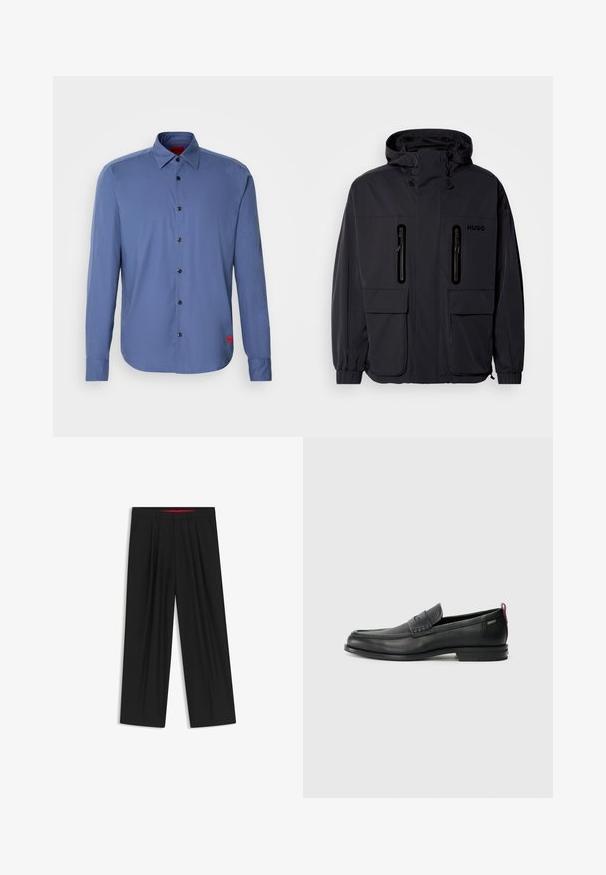 Giacca impermeabile nera con cappuccio, due tasche a zip sul petto e polsini elastici. Presenta un design minimalista e il marchio "HUGO".; Camicia azzurra a maniche lunghe realizzata in tessuto morbido, con chiusura a bottoni sul davanti, bottoni neri e un piccolo logo rosso sul lato sinistro.; Pantaloni neri a gamba larga con fronte piatto, due tasche laterali, design plissettato e un elastico in vita di colore rosso a contrasto.; Mocassini in pelle nera con un pannello anteriore testurizzato e lati lisci. Presentano un tacco sottile e un anello sul retro per una vestibilità facile. Design classico.
