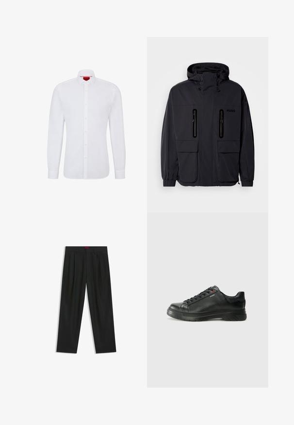 Musta vedenpitävä takki hupulla, jossa on kaksi vetoketjullista rintataskua ja elastiset hihansuut. Ominaisuuksina minimalistinen muotoilu ja "HUGO" -brändäys.; Valkoinen pitkähihainen puuvillapaita, jossa on napitettava etuosa, klassinen kaulus ja hienovarainen rakenne, jossa on punainen logo kauluksen sisäpuolella.; Mustat housut, joissa on poimutettu muotoilu, leveä lahjetyyppi ja sileä pinta. Varustettu punaisella vyötärötagilla.; Musta nahkakengät, joissa on teksturoidun pinnan, pehmustettu kaulus ja punainen logo. Kengissä on paksu kumipohja, jossa on selkeä uramalli.