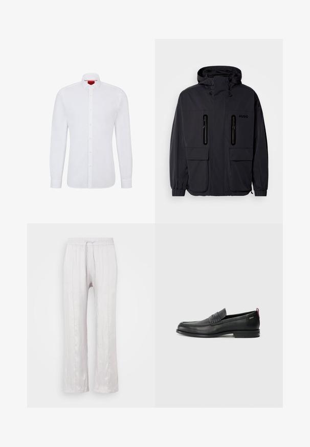 Casaco impermeável preto com capuz, duas bolsas de peito com fecho éclair e punhos elásticos. Apresenta um design minimalista e a marca "HUGO".; Camisa branca de mangas longas feita de algodão, com fecho de botões à frente, colarinho clássico e uma textura subtil, apresentando um logótipo vermelho no interior do colarinho.; Calças largas em cinza claro, em tecido suave, com um cós elástico e cordão. Pernas retas com pregas subtis, sem padrões visíveis.; Mocassins de couro pretos com um painel frontal texturizado e laterais lisas. Apresentam um salto fino e uma alça na parte de trás para fácil colocação. Design clássico.