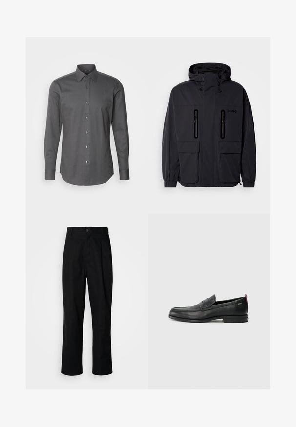 Svart vanntett jakke med hette, to glidelåslommer på brystet og elastiske mansjetter. Har et minimalistisk design og "HUGO"-merke.; Manns langermet skjorte i mørkegrå, laget av strukturert stoff, med knapper i front og klassisk krage. Glatt finish, moderne passform.; Sorte bukser med rette ben, med knappet liv, belteholdere og frontfold, vist mot en enkel hvit bakgrunn.; Svarte lær loafers med teksturert frontpanel og glatte sider. Har en slank hæl og bakløkke for enkel påkledning. Klassisk design.