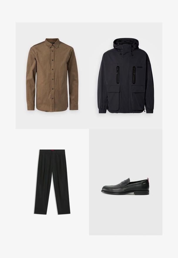 Schwarze wasserdichte Jacke mit Kapuze, zwei mit Reißverschluss versehenen Brusttaschen und elastischen Bündchen. Verfügt über ein minimalistisches Design und "HUGO"-Branding.; Braune, knöpfbare Hemd aus strukturiertem Stoff mit einem Kentkragen und langen Ärmeln mit geknöpften Manschetten. Sieben vordere Knöpfe.; Schwarze Hose mit einem gefältelten Design, weiter Beinform und glatter Textur. Verfügt über ein rotes Taillenlabel.; Schwarze Lederloafers mit einem strukturierten Vorderteil und glatten Seiten. Sie verfügen über einen schmalen Absatz und eine Schlaufe an der Rückseite für einfaches Anziehen. Klassisches Design.