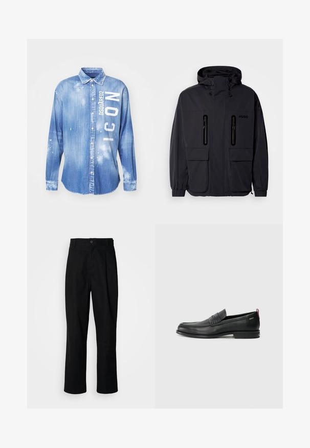 Chaqueta impermeable negra con capucha, dos bolsillos en el pecho con cremallera y puños elásticos. Presenta un diseño minimalista y el logotipo "HUGO".; Camisa de mezclilla azul claro con cierre de botones en el frente, mangas largas, cuello y texto impreso en blanco "DSQUARED2 ICON" con detalles de salpicaduras de pintura.; Pantalones rectos negros con cintura con botones, trabillas para cinturón y pliegue frontal, exhibidos sobre un fondo blanco liso.; Mocasines de cuero negro con un panel frontal texturizado y laterales lisos. Presenta un tacón delgado y un lazo trasero para facilitar su uso. Diseño clásico.
