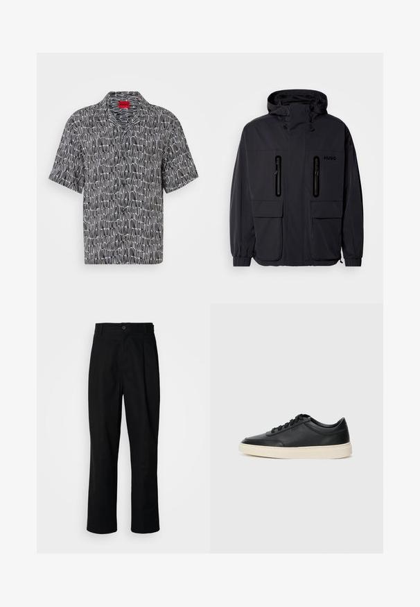 Giacca impermeabile nera con cappuccio, due tasche a zip sul petto e polsini elastici. Presenta un design minimalista e il marchio "HUGO".; Camicia a maniche corte, con motivo in bianco e nero, dotata di colletto a campana e vestibilità ampia. Caratterizzata da un design geometrico e da un'etichetta rossa HUGO sul colletto.; Pantaloni neri a gamba dritta con vita con bottoni, passanti per cintura e piega frontale, esposti su uno sfondo bianco semplice.; Sneaker in pelle nera a basso profilo con lacci neri e suola avorio, mostrato di profilo su sfondo bianco.