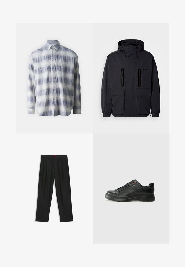 Sort vandtæt jakke med hætte, to lynlås-lommer på brystet og elastiske manchetter. Har et minimalistisk design og "HUGO" branding.; Button-up skjorte lavet af struktureret stof i blå og hvid med et stribet mønster, med lange ærmer og klassisk krave.; Sorte bukser med plisseret design, bred benform og en glat tekstur. Har et rødt taljetag.; Sorte lædersneakers med tekstureret overdel, polstret krave og rødt logo-detajle. Har en tyk gummisål med tydeligt mønster.