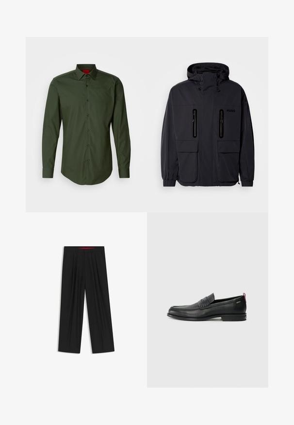 Zwarte waterdichte jas met een capuchon, twee ritszakken op de borst en elastische manchetten. Heeft een minimalistisch ontwerp en "HUGO" branding.; Donkergroene, lange mouwen shirt van zachte katoen, met een klassieke kraag, zwarte knopen en een gebogen zoom. Rode merklogo op de kraag.; Zwarte wijde broek met een vlakke voorkant, twee zijzakken, geplooid ontwerp en een contrasterende rode binnenband.; Zwarte leren instappers met een textuur aan de voorkant en gladde zijden. Voorzien van een slanke hak en een lus aan de achterkant voor gemakkelijk aan- en uittrekken. Klassiek ontwerp.