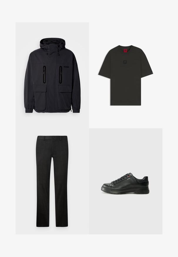 Black waterproof jacket with a hood, two zippered chest pockets, and elastic cuffs. Features minimalistic design and "HUGO" branding.; Dark green short-sleeve t-shirt made of cotton, featuring a square black logo patch on the chest and a red tag inside the neckline.; Black tailored trousers made of textured fabric, featuring a straight leg design, front zipper, and button closure.; Black leather sneaker with textured upper, padded collar, and red logo detail. Features a thick rubber sole with distinct tread pattern.