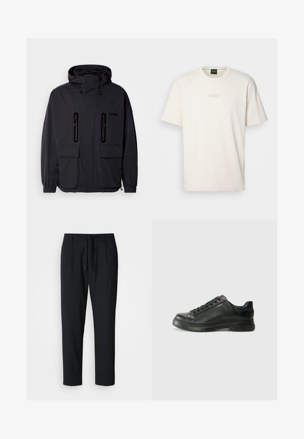 Juodas vandeniui atsparus džemperis su kapišonu, dviem užtrauktukais uždaromomis krūtinės kišenėmis ir elastingais rankogaliais. Išsiskiria minimalistiniu dizainu ir "HUGO" prekės ženklo žyme.; BOSS TEE - Paprasti marškinėliai - open white; Juodos siaurėjantys kelnes su elastinga juosmens juosta ir stygomis, priekinėmis raukšlėmis ir šoninėmis kišenėmis ant baltos fono.; Juodos odinės sportinės bateliai su tekstūruota viršutine dalimi, paminkštinta apykakle ir raudonu logotipo akcentu. Yra storas guminis padas su išskirtiniu protektoriaus raštu.
