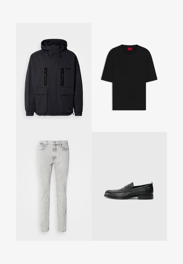 Svart vattentät jacka med huva, två blixtlåsförsedda bröstfickor och elastiska muddar. Har en minimalistisk design och "HUGO"-logotyp.; Svart kortärmad t-shirt i bomull, med en rund halsringning och upphöjd logotyp på framsidan, samt en avslappnad och lös passform.; Ljust grå denimjeans med rakt ben, som har klassisk knappstängning, fem fickor och subtila blekningseffekter.; Svarta läderloafers med en texturerad frontpanel och släta sidor. Utrustade med en smal klack och en bakre ögla för enkel påtagning. Klassisk design.