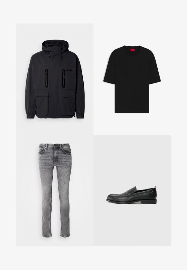 Black waterproof jacket with a hood, two zippered chest pockets, and elastic cuffs. Features minimalistic design and "HUGO" branding.; Black short-sleeve t-shirt made from cotton, features a crew neck and embossed logo on the front, with a relaxed, loose fit.; Gray denim jeans with a faded design, slim straight fit, five-pocket style, and subtle whiskering details along the thighs and knees.; Black leather loafers with a textured front panel and smooth sides. Features a slim heel and rear loop for easy wear. Classic design.
