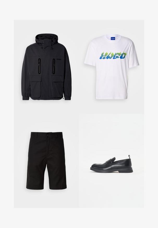 Schwarze wasserdichte Jacke mit Kapuze, zwei mit Reißverschluss versehenen Brusttaschen und elastischen Bündchen. Verfügt über ein minimalistisches Design und "HUGO"-Branding.; Weißes Kurzarm-T-Shirt mit blauen und grünen Flammen-Muster "HUGO"-Schriftzug auf der Brust, Rundhalsausschnitt und blauer Innenetikett.; Schwarze Shorts aus festem Stoff, mit geradem Schnitt, Knopfverschluss und glatter Textur ohne sichtbare Muster.; Schwarze Lederloafer mit runder Zehenform, Vorderbanddetail und niedrigem Gummisohle. Verfügt über dezente Nähte und eine praktische Ziehschlaufe hinten.