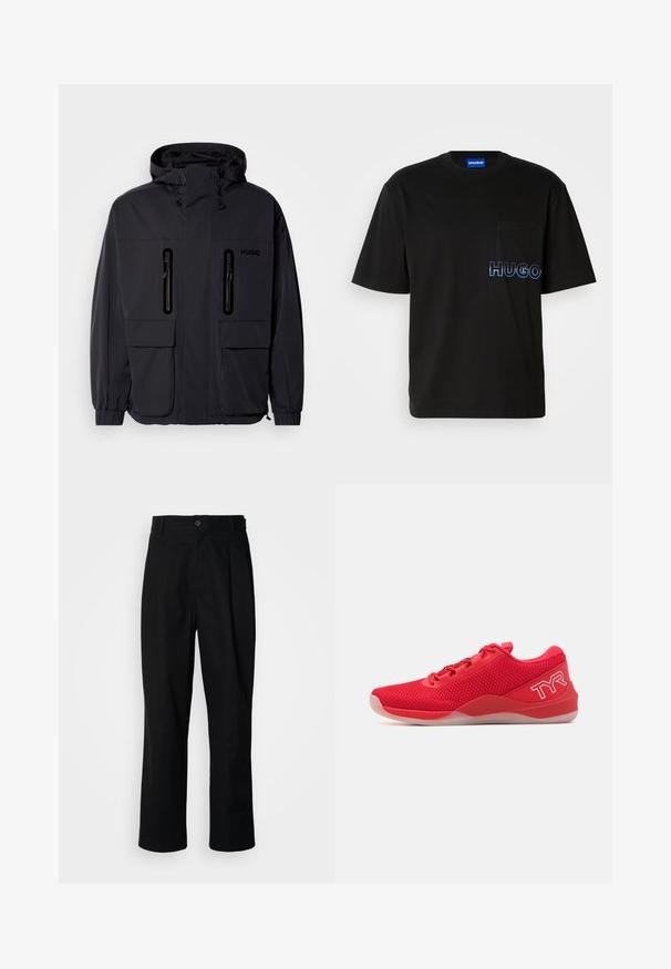 Schwarze wasserdichte Jacke mit Kapuze, zwei mit Reißverschluss versehenen Brusttaschen und elastischen Bündchen. Verfügt über ein minimalistisches Design und "HUGO"-Branding.; Schwarzes Baumwoll-T-Shirt mit Rundhalsausschnitt, ausgestattet mit einer linken Brusttasche und blauer gestickter "HUGO"-Schrift auf der Vorderseite. Klassische Passform.; Schwarze gerade geschnittene Hosen mit einem Knopfverschluss, Gürtelschlaufen und Vorderfalten, vor einem schlichten weißen Hintergrund präsentiert.; TYR CXT2 - Trainingsschuh - red/white
