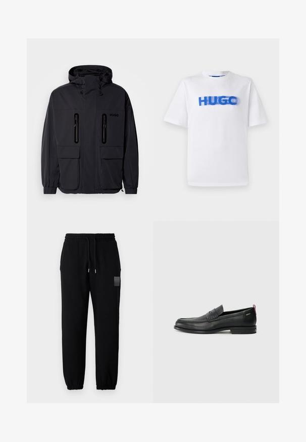 Geacă impermeabilă neagră cu glugă, două buzunare pe piept cu fermoar și manșoane elastice. Prezintă un design minimalist și branding "HUGO".; Tricou alb din bumbac cu guler rotund, având o grafică mare de culoare albastră cu cuvântul "HUGO" pe partea din față, cu un efect ușor neclar.; Pantaloni negri de jogging cu talie elastică și șnur, având picioare tapered și un mic patch cu logo pe coapsă.; Loafers din piele neagră cu un panou frontal texturat și laterale netede. Dispune de un toc subțire și o buclă în spate pentru o purtare ușoară. Design clasic.
