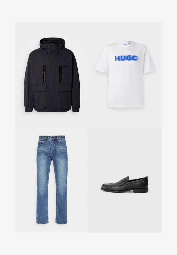 Must have veekindel, kapuutsiga must jakk, kus on kaks tõmblukuga rinna-taskut ja elastsed mansetid. Omab minimalistlikku disaini ja "HUGO" brändimist.; Valge puuvillane t-särk ümmarguse kaelusega, mille esiküljel on suur sinine graafika sõnaga "HUGO", kerge udune efekt.; Sinine denimist teksapüksid otse sääre disainiga, millel on lukuga põhja, nupuga sulgemine ja viis taskut, näidates kulunud pesu.; Mustad mustad nahast loafers tekstuuriga esipaneeli ja siledate külgedega. Omab peent kand ja tagumist silmust lihtsaks selga panemiseks. Klassikaline disain.