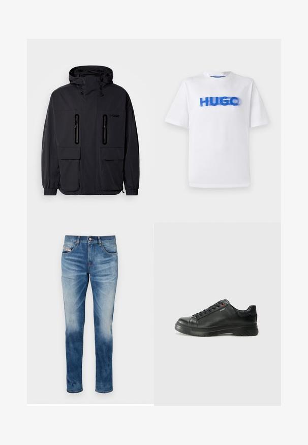 Black waterproof jacket with a hood, two zippered chest pockets, and elastic cuffs. Features minimalistic design and "HUGO" branding.; White cotton t-shirt with a round neck, featuring a large blue graphic of the word "HUGO" across the front, slightly blurred effect.; Blue denim jeans featuring a straight cut, faded finish, five pockets, and a metal button closure. Soft texture with minimal detailing.; Black leather sneaker with textured upper, padded collar, and red logo detail. Features a thick rubber sole with distinct tread pattern.