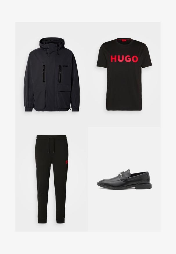 Fekete vízálló dzseki kapucnival, két cipzáras mellzsebbel és rugalmas mandzsettával. Minimalista dizájnnal és "HUGO" logóval ellátva.; Fekete pamut póló, elöl feltűnő piros "HUGO" felirattal, rövid ujjal, kerek nyakkivágással és laza szabással.; Fekete melegítőnadrág puha anyagból, húzózsinóros derékkal, slim fit kialakítással, és egy piros logóval a bal combon.; Fekete bőr loaferek sima felülettel, átmenő pánttal a lábfej részen és diszkrét fém díszítéssel. Alacsony profilú gumitalp.