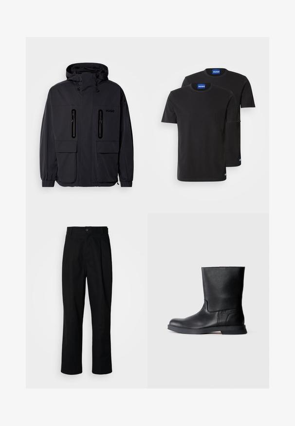 Melna ūdensnecaurlaidīga jaka ar kapuci, divām kabatām ar rāvējslēdzēju krūšu augšdaļā un elastīgām aprocēm. Ievēro minimālistisku dizainu un "HUGO" zīmolu.; Divas melnas kokvilnas T-kreklus ar apaļiem kakla izgriezumiem, īsām piedurknēm un ziliem "HUGO" uzrakstiem uz apkaklēm un sānu malām.; Melni taisni bikses ar pogu, jostu cilpiņām un priekšējo krokām, izliktas uz vienkārša balta fona.; Melnas ādas potītes zābaki ar teksturētu virsmu, noapaļota purngala un zemu gumijas zoli. Vienkāršs dizains bez redzamiem aparatūras elementiem vai rotājumiem.