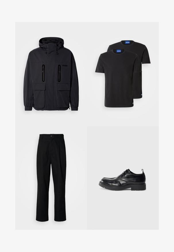 Juodas vandeniui atsparus džemperis su kapišonu, dviem užtrauktukais uždaromomis krūtinės kišenėmis ir elastingais rankogaliais. Išsiskiria minimalistiniu dizainu ir "HUGO" prekės ženklo žyme.; Du penkių juodų medvilninių marškinėlių su apvaliais iškirpimais, trumpomis rankovėmis ir mėlynais "HUGO" etiketėmis ant apykaklių ir šoninių kraštų.; Juodas tiesus kojų kelnes su sagomis juosmenyje, diržo kilpomis ir priekine raukšle, parodytas prieš paprastą baltą foną.; Juodų odinių batų su suapvalintu nosiu, su raišteliais priekyje ir dekoratyvine siūle. Juose yra storas, tekstūruotas guminis padas ir pakeliamoji juostelė.