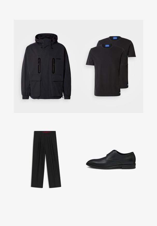 Giacca impermeabile nera con cappuccio, due tasche a zip sul petto e polsini elastici. Presenta un design minimalista e il marchio "HUGO".; Due magliette di cotone nere con scollatura rotonda, maniche corte e etichette blu "HUGO" sui colli e sui bordi laterali.; Pantaloni neri a gamba larga con fronte piatto, due tasche laterali, design plissettato e un elastico in vita di colore rosso a contrasto.; Scarpa da uomo in pelle nera con finitura liscia, punta tonda e design con lacci a cinque fori, arricchita da delicati dettagli di cucitura.