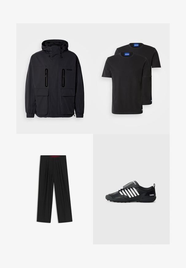 Schwarze wasserdichte Jacke mit Kapuze, zwei mit Reißverschluss versehenen Brusttaschen und elastischen Bündchen. Verfügt über ein minimalistisches Design und "HUGO"-Branding.; Zwei schwarze Baumwoll-T-Shirts mit Rundhals, kurzen Ärmeln und blauen "HUGO"-Labels an den Kragen und seitlichen Säumen.; Schwarze weit geschnittene Hosen mit flachem Bund, zwei seitlichen Taschen, gefaltetem Design und einem kontrastierenden roten Innenbund.; Schwarzer Sportschuh mit strukturiertem Obermaterial, weißen gestreiften Akzenten, gepolstertem Kragen und schwarzem Gummisohle. Verfügt über eine Zuglasche und ein Detail mit "1964".