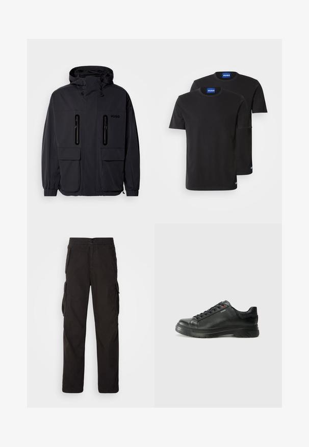 Black waterproof jacket with a hood, two zippered chest pockets, and elastic cuffs. Features minimalistic design and "HUGO" branding.; Two black cotton T-shirts with round necklines, short sleeves, and blue "HUGO" labels on the collars and side hems.; Black cargo pants featuring a straight cut, elastic waistband, multiple side pockets, and a textured fabric for durability.; Black leather sneaker with textured upper, padded collar, and red logo detail. Features a thick rubber sole with distinct tread pattern.