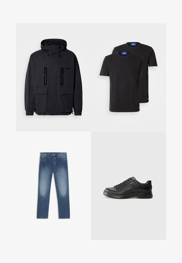 Melna ūdensnecaurlaidīga jaka ar kapuci, divām kabatām ar rāvējslēdzēju krūšu augšdaļā un elastīgām aprocēm. Ievēro minimālistisku dizainu un "HUGO" zīmolu.; Divas melnas kokvilnas T-kreklus ar apaļiem kakla izgriezumiem, īsām piedurknēm un ziliem "HUGO" uzrakstiem uz apkaklēm un sānu malām.; Denima džinsi ar strīpota raksta, vidēji zila krāsa, izbalējušas sadaļas, taisna kāju griezuma, pieci kabatas un metāla pogas aizdare.; Melnas ādas sporta kedas ar teksturētu virsu, mīkstinātu apmalu un sarkanu logotipa detaļu. Iezīmējas ar biezu gumijas zoli ar izteiktu rakstu.