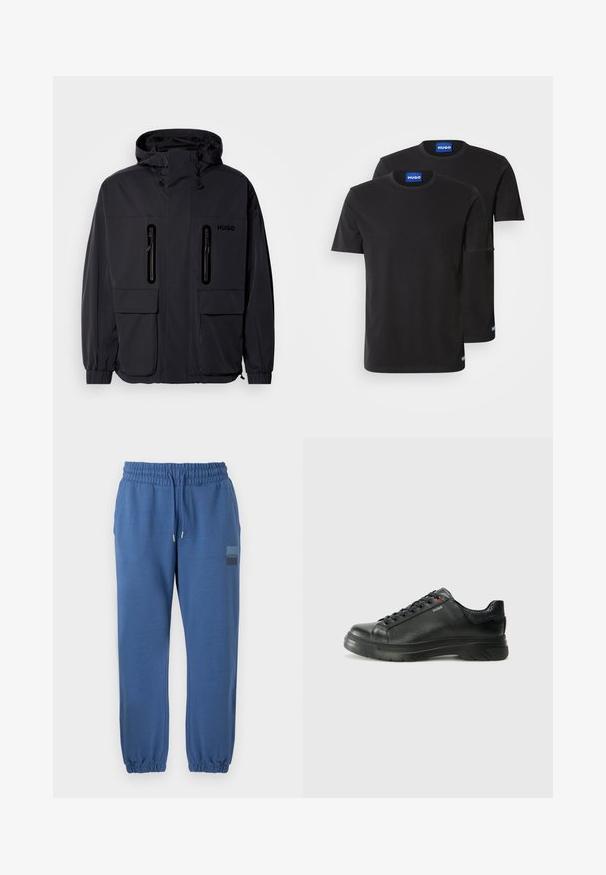 Melna ūdensnecaurlaidīga jaka ar kapuci, divām kabatām ar rāvējslēdzēju krūšu augšdaļā un elastīgām aprocēm. Ievēro minimālistisku dizainu un "HUGO" zīmolu.; Divas melnas kokvilnas T-kreklus ar apaļiem kakla izgriezumiem, īsām piedurknēm un ziliem "HUGO" uzrakstiem uz apkaklēm un sānu malām.; Zilā sporta bikses, kas izgatavotas no mīksta materiāla, ar elastīgu jostasvietu, auklu un elastīgām aprocēm. Iekļauta logo uzlīme uz augšstilba.; Melnas ādas sporta kedas ar teksturētu virsu, mīkstinātu apmalu un sarkanu logotipa detaļu. Iezīmējas ar biezu gumijas zoli ar izteiktu rakstu.