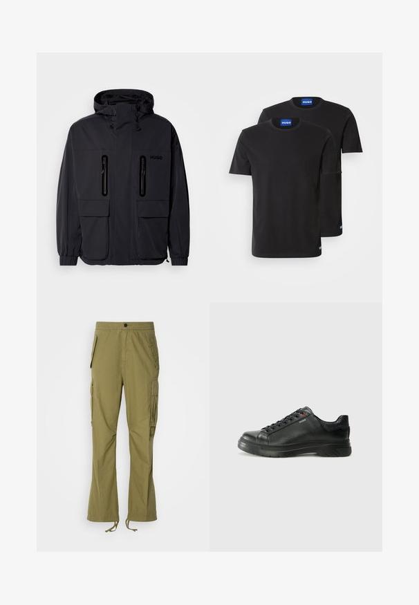 Schwarze wasserdichte Jacke mit Kapuze, zwei mit Reißverschluss versehenen Brusttaschen und elastischen Bündchen. Verfügt über ein minimalistisches Design und "HUGO"-Branding.; Zwei schwarze Baumwoll-T-Shirts mit Rundhals, kurzen Ärmeln und blauen "HUGO"-Labels an den Kragen und seitlichen Säumen.; Olivgrüne Cargo-Hosen mit elastischem Bund, Seitentaschen und verstellbaren Kordeln an den Bündchen. Leichter Stoff mit glatter Textur.; Schwarze Leder-Sneaker mit strukturiertem Obermaterial, gepolstertem Kragen und rotem Logo-Detail. Verfügt über eine dicke Gummisohle mit markantem Profil.