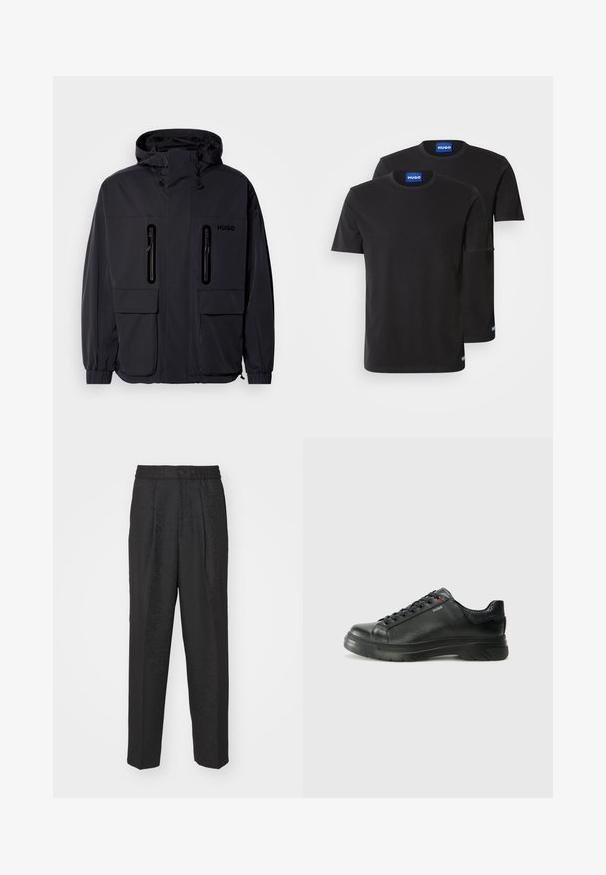 Juodas vandeniui atsparus džemperis su kapišonu, dviem užtrauktukais uždaromomis krūtinės kišenėmis ir elastingais rankogaliais. Išsiskiria minimalistiniu dizainu ir "HUGO" prekės ženklo žyme.; Du penkių juodų medvilninių marškinėlių su apvaliais iškirpimais, trumpomis rankovėmis ir mėlynais "HUGO" etiketėmis ant apykaklių ir šoninių kraštų.; Juodos kelnės su elastine juosta ir mygtuko uždarymu, turinčios subtilų raštuotą tekstūrą, einančią per audinį.; Juodos odinės sportinės bateliai su tekstūruota viršutine dalimi, paminkštinta apykakle ir raudonu logotipo akcentu. Yra storas guminis padas su išskirtiniu protektoriaus raštu.
