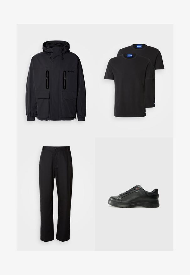 Fekete vízálló dzseki kapucnival, két cipzáras mellzsebbel és rugalmas mandzsettával. Minimalista dizájnnal és "HUGO" logóval ellátva.; Két fekete pamut póló kerek nyakkivágással, rövid ujjakkal és kék "HUGO" felirattal a gallérokon és az oldalsó szegélyeken.; Fekete, egyenes szabású nadrág, könnyű anyagból készült. Elöl gombos záródással és két oldalsó zsebbel rendelkezik; sima textúrájú.; Fekete bőr sportcipő, textúrált felsőrésszel, párnázott bokarésszel és piros logóval. Vastag gumitalppal rendelkezik, amely jellegzetes futási mintázattal bír.