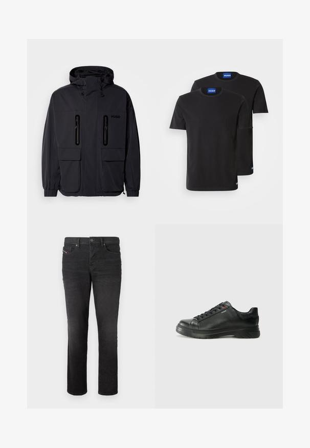Črna vodoodporna jakna s kapuco, dvema žepoma z zadrgo na prsih in elastičnimi manšetami. Ima minimalističen dizajn in blagovno znamko "HUGO".; Dve črne bombažne majice s kratkimi rokavi in okroglim izrezom, z modrimi oznakami "HUGO" na ovratnikih in stranskih robovih.; Črne jeans hlače s ravnimi nogavicami, ki vključujejo pet žepov, gumbasto zapiranje in subtilne šivane detajle spredaj.; Črne usnjene superge z teksturiranim zgornjim delom, podloženim ovratnikom in rdečim logotipom. Imajo debel gumijast podplat z izrazitim vzorcem.