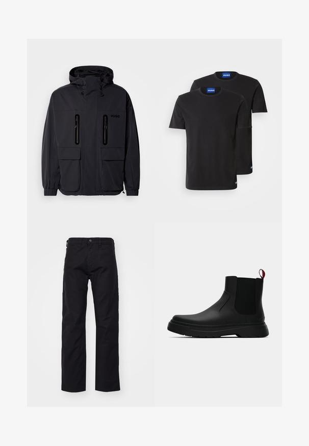 Črna vodoodporna jakna s kapuco, dvema žepoma z zadrgo na prsih in elastičnimi manšetami. Ima minimalističen dizajn in blagovno znamko "HUGO".; Dve črne bombažne majice s kratkimi rokavi in okroglim izrezom, z modrimi oznakami "HUGO" na ovratnikih in stranskih robovih.; Črne platnene hlače s ravnimi nogami, opremljene s sprednjim gumbom, zankami za pas in stranskimi žepi. Tekstura je gladka in trpežna.; Črne gležnjarje z gladkim zaključkom, elastičnimi stranskimi paneli in kontrastnim rdečim izvlečnim trakom, ki vključujejo debel gumijast podplat in zaobljen nos.