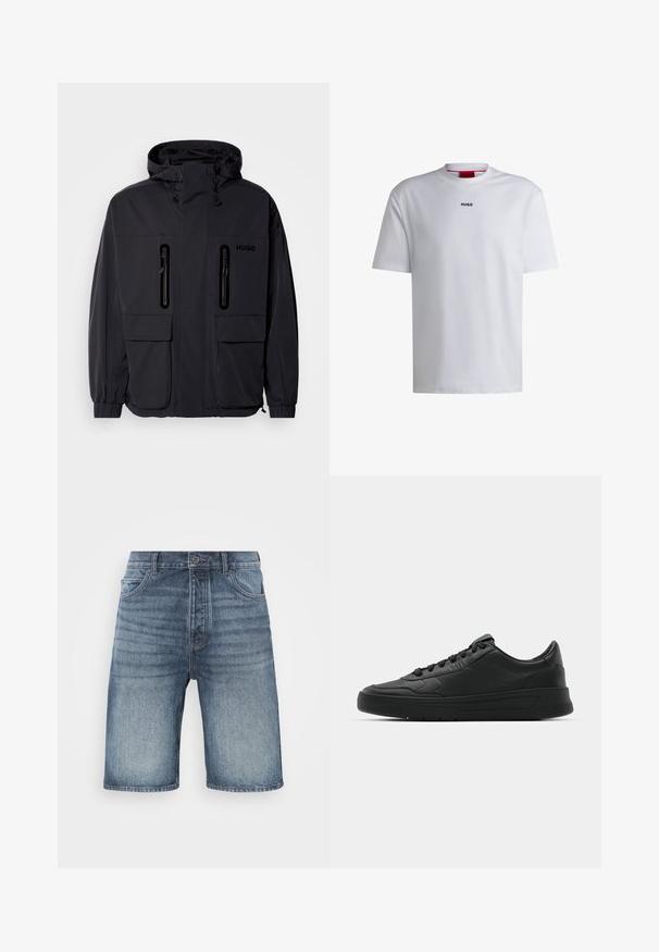 Melna ūdensnecaurlaidīga jaka ar kapuci, divām kabatām ar rāvējslēdzēju krūšu augšdaļā un elastīgām aprocēm. Ievēro minimālistisku dizainu un "HUGO" zīmolu.; Balta kokvilnas T-kreklu ar īsām piedurknēm, apaļu kakla izmēru un melnu "HUGO" logo uz krūtīm. Gluda tekstūra, ikdienišķs piegriezums, bez rakstiem.; Gai zilu džinsu šorti ar izbalējušu apdari, ar poga jostu, divām priekšējām kabatām un izšūtu detaļu uz šuvēm.; Melnās kedas ar gludu ādas augšpusi, apaļu purngalu, plakaniem šņorēm, mīkstinātu apkakli un minimālistisku dizainu. Gumijas zole ar smalku rakstu.