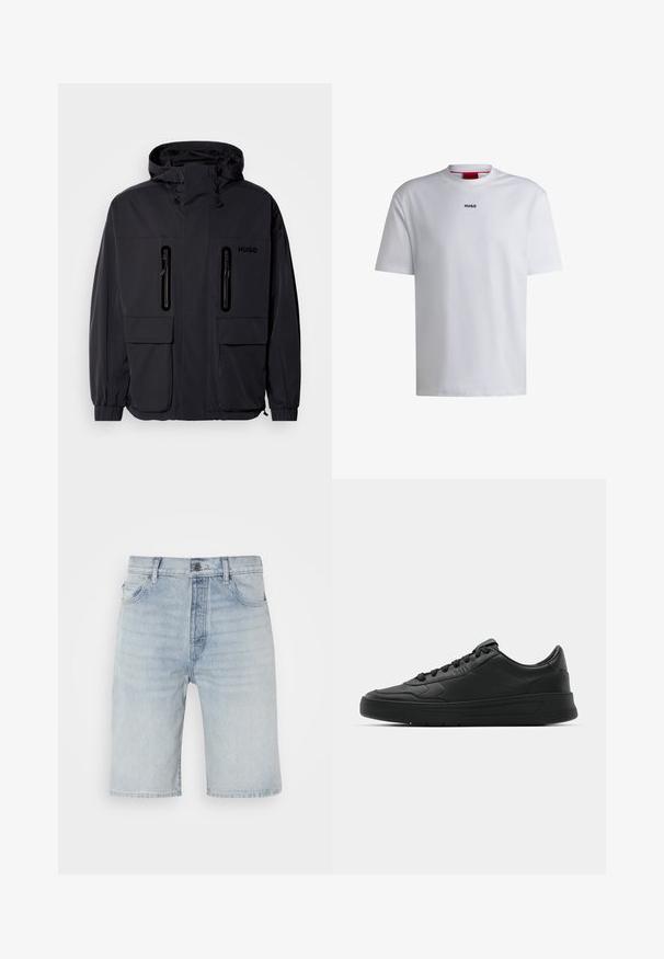 Black waterproof jacket with a hood, two zippered chest pockets, and elastic cuffs. Features minimalistic design and "HUGO" branding.; White cotton t-shirt with short sleeves, round neckline, and a black "HUGO" logo on the chest. Smooth texture, casual fit, no patterns.; Light blue denim shorts with a straight cut. Features a button fastening, five pockets, and subtle fading on the fabric.; Black sneaker with smooth leather upper, round toe, flat laces, cushioned collar, and minimalistic design. Rubber sole with subtle tread pattern.
