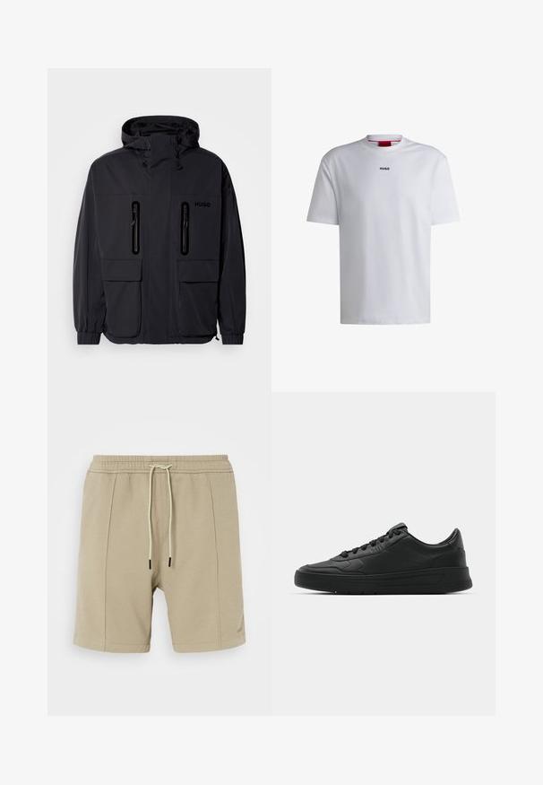 Fekete vízálló dzseki kapucnival, két cipzáras mellzsebbel és rugalmas mandzsettával. Minimalista dizájnnal és "HUGO" logóval ellátva.; Fehér, rövid ujjú, kerek nyakú pamut póló, fekete "HUGO" logóval a mellkason. Simára ölbe simuló anyag, laza fazon, minta nélkül.; Beige rövidnadrág, textúrált anyagból, rugalmas derékkal és húzózsinórral, valamint két oldalsó varrással. Egyszerű dizájn, nincs látható mintázat.; Fekete sneaker sima bőr felsőrésszel, kerek orral, lapos fűzőkkel, párnázott nyakkal és minimalista dizájnnal. Gumi talp finom profillal.